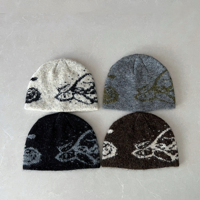 新款蝴蝶提花毛线帽子女