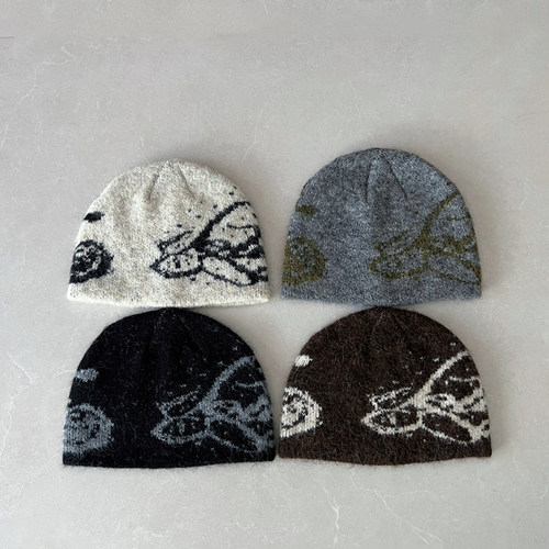 新款蝴蝶提花毛线帽子女