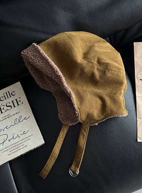 TAAK日系加绒灯心绒雷锋帽子女秋冬天骑车保暖护耳显脸小飞行帽男