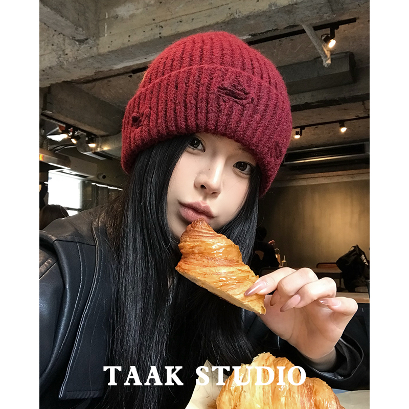 安可拉红破洞针织帽韩版