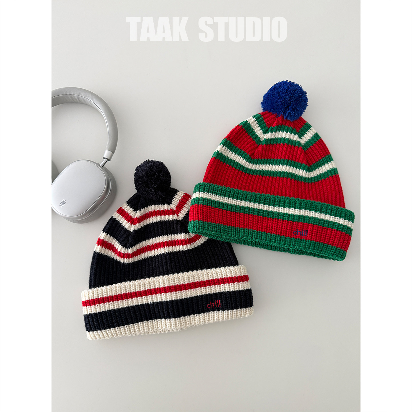 TAAK韩系撞色条纹球球毛线帽子女秋冬天日系保暖护耳针织帽冷帽