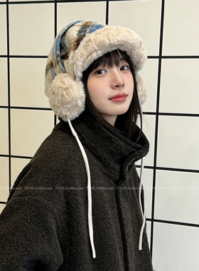 TAAK韩国ins格子耳罩护耳帽雷锋帽子女秋冬天日系复古保暖飞行帽