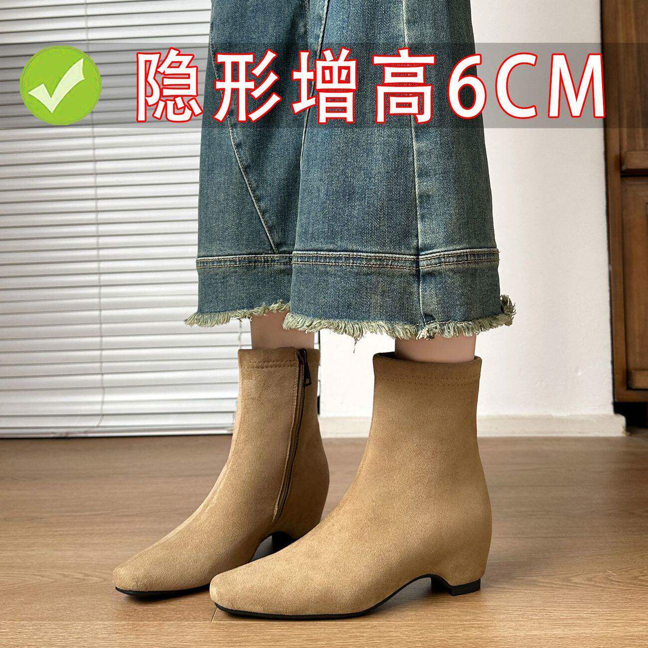 真皮复古高跟短靴女秋冬单靴方头气质瘦瘦靴小个子内增高弹力靴子