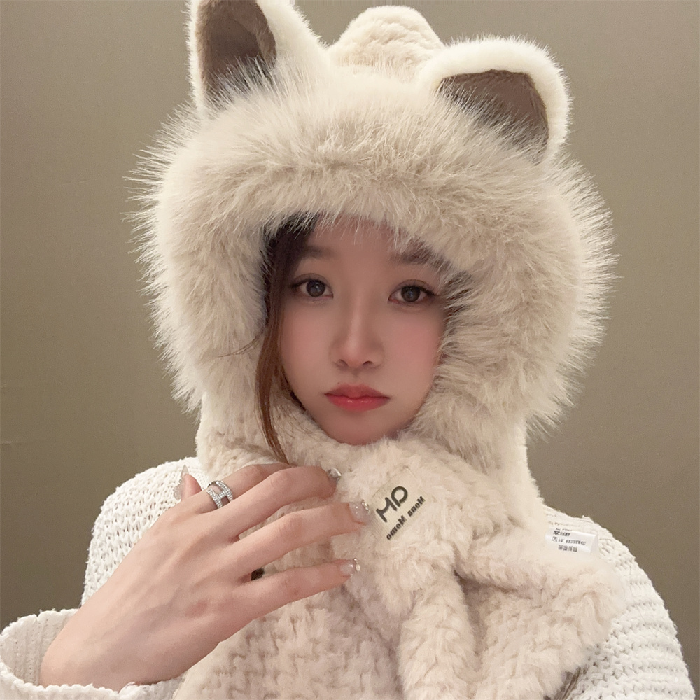 狐狸耳朵帽子围巾一体女秋冬季