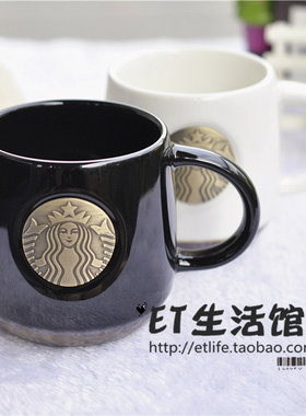 星巴克杯子樱花猫咪柴犬赏樱对杯黑白铜章黑色马克杯情侣杯带礼盒
