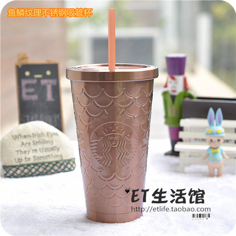 星巴克杯子 2026 周年庆 鱼鳞纹理不锈钢吸管杯 金色美人鱼 限量