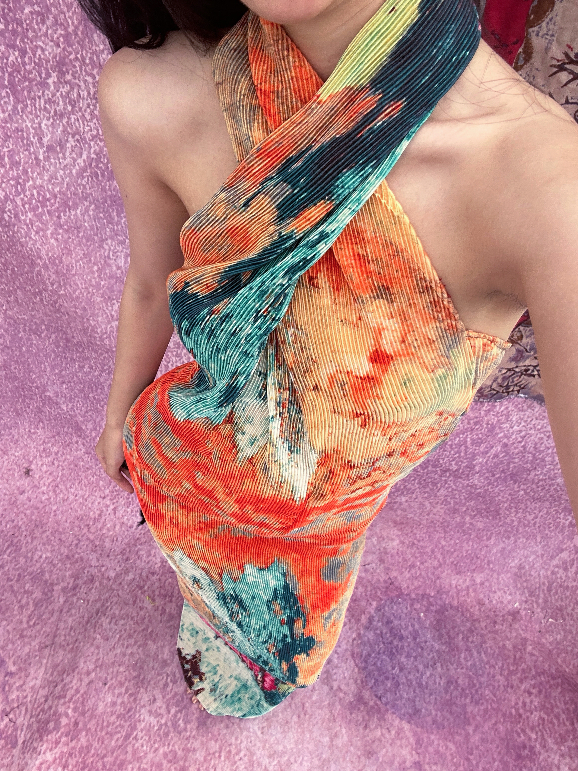 云雀撞雨破晓油画晕染撞色印花亚文化个性辣妹度假挂脖连衣裙