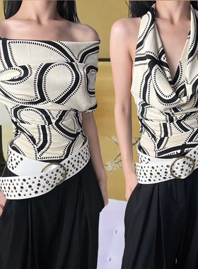 两穿意大利假日度假中古印花荡领一字肩无袖挂脖打缆背心上衣