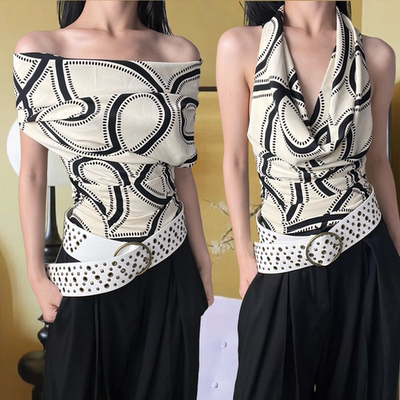 两穿意大利假日中古印花荡领一字肩无袖挂脖背心女夏季上衣