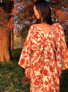 【清仓不补】落霞橘红新中式极柔仿羊绒家居服度假睡袍印花连衣裙