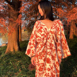 【清仓不补】落霞橘红新中式极柔仿羊绒家居服度假睡袍印花连衣裙