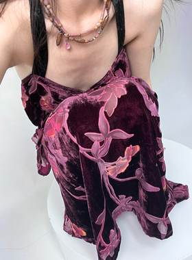 干枯玫瑰中古紫红烧花丝绒艺术感气质度假连衣裙套装