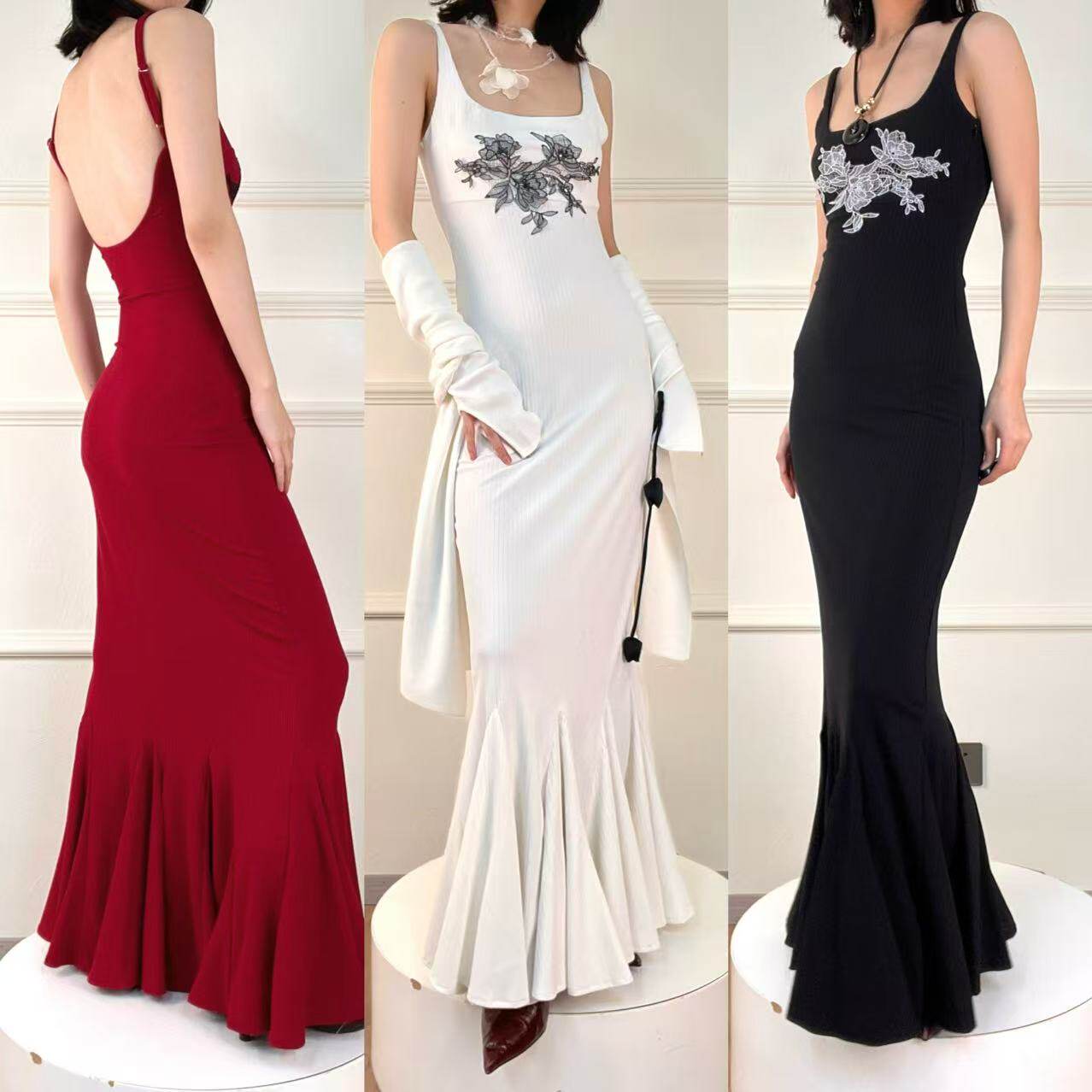 【26新款】步步生莲蕾丝花卉大摆鱼尾修身显瘦弹力吊带裙连衣裙