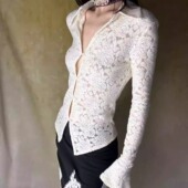 修身 女春夏长袖 上衣 设计感复古镂空玫瑰衬衫 云墨蕾丝新中式