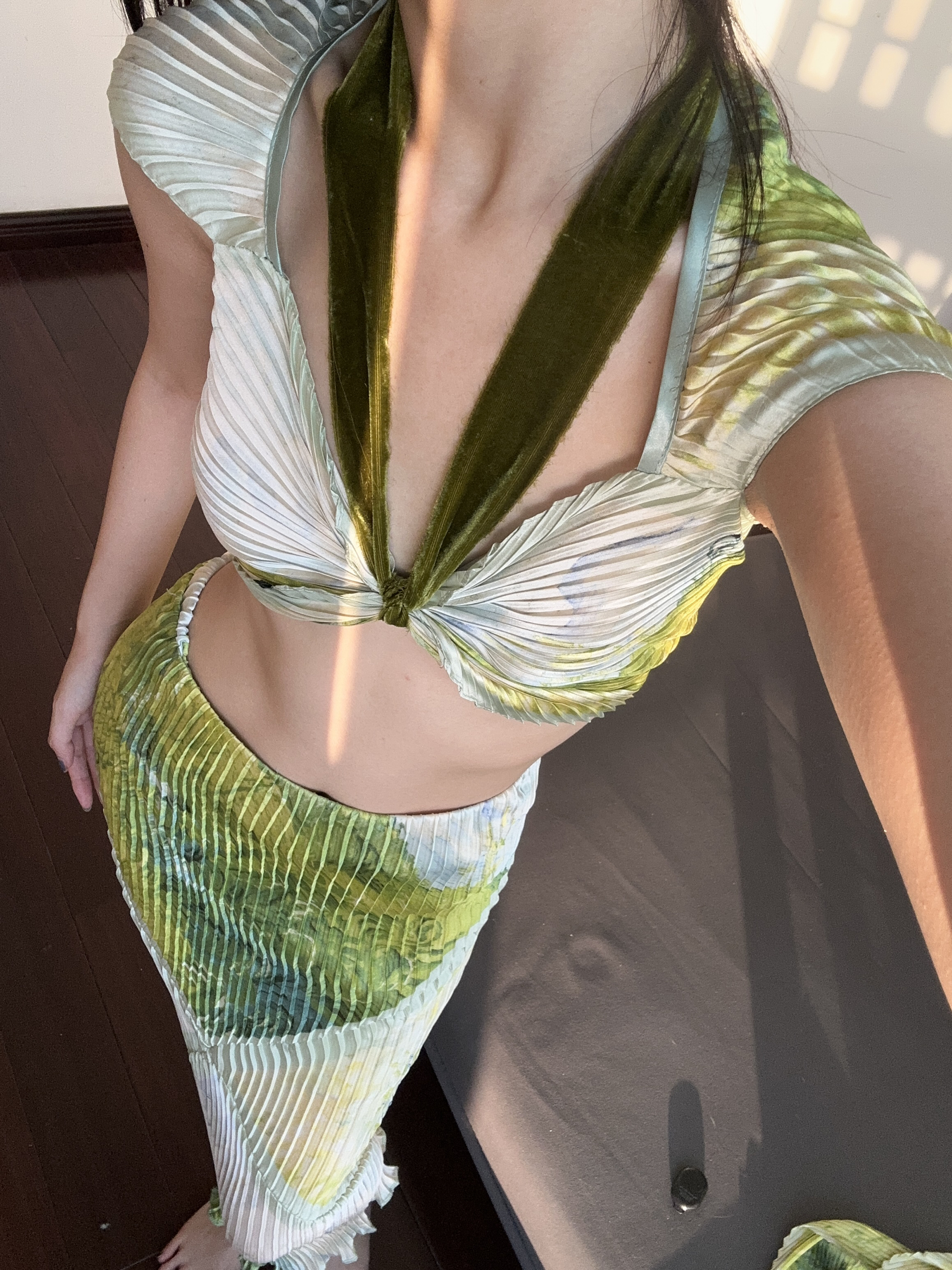 青云直上印花褶皱自由组合多穿挂脖沙滩度假连衣裙比基尼套装