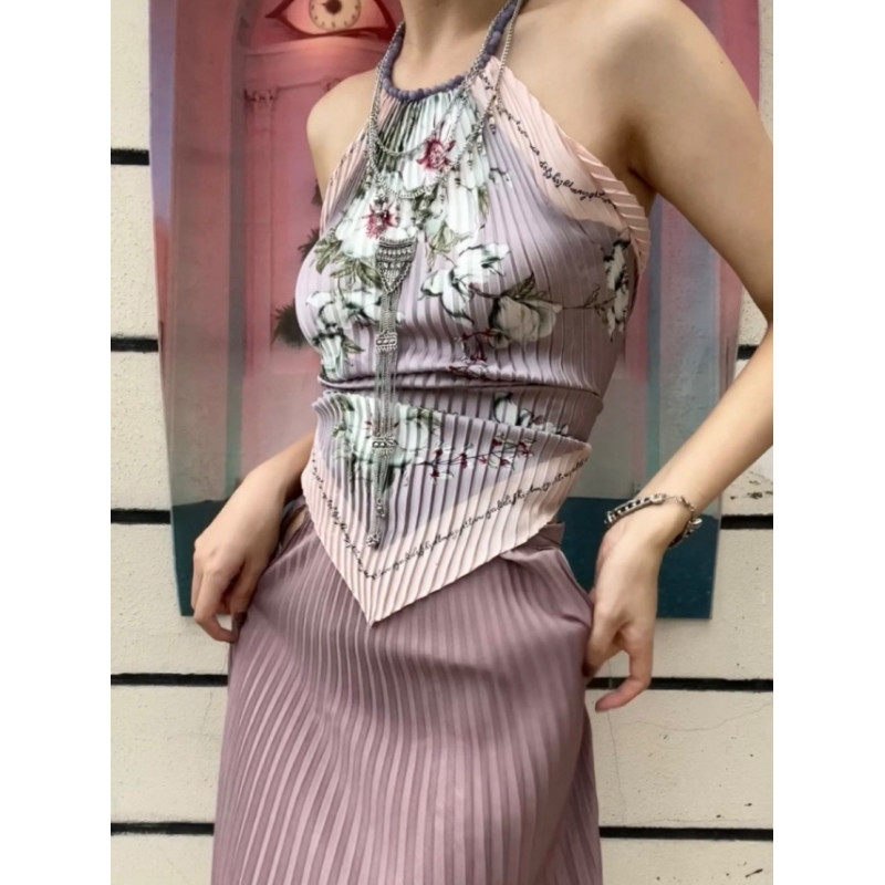 ANTIMOON淡紫典雅印花海蓝宝玉石挂脖露背上衣