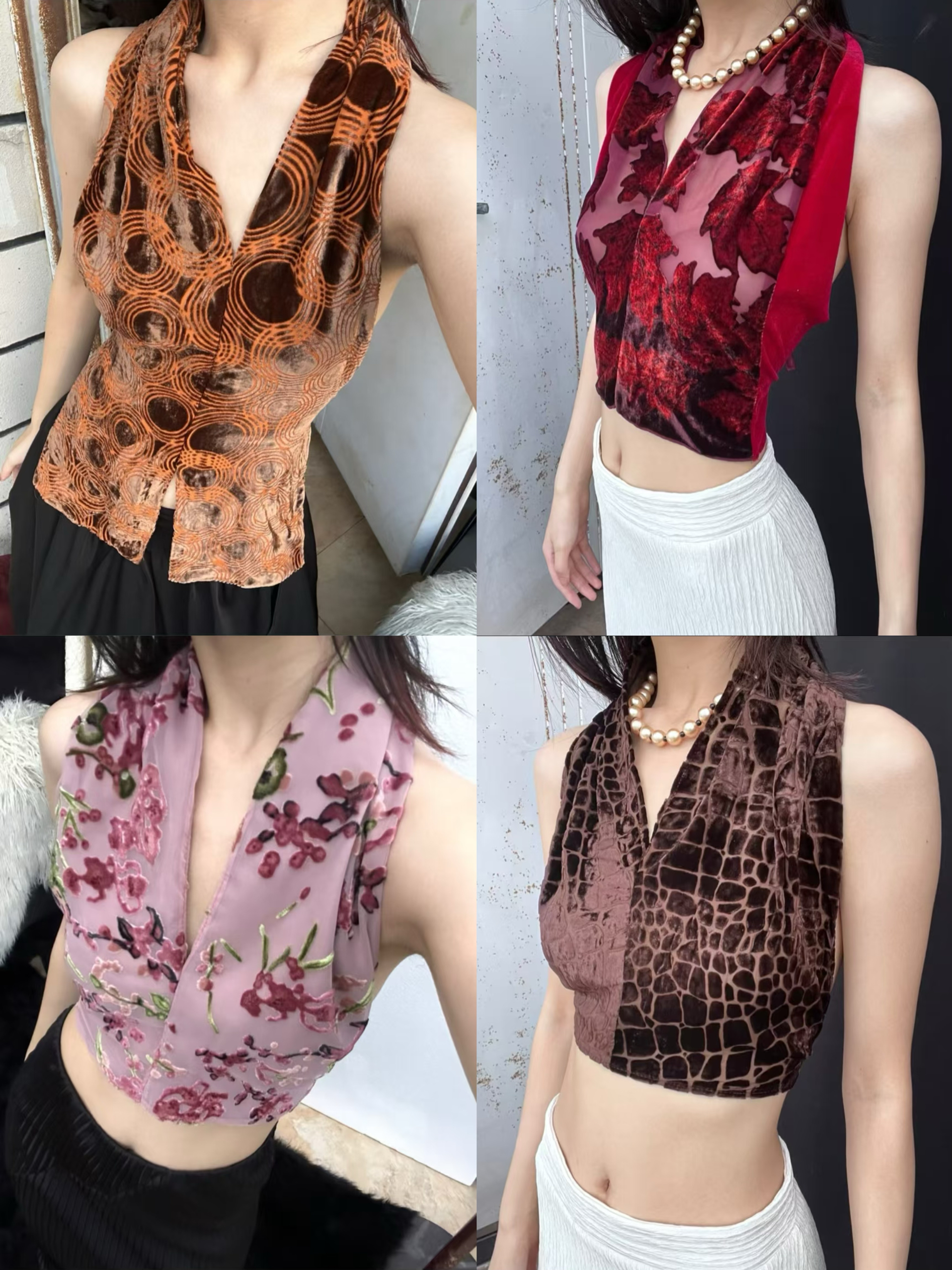 对襟款真丝底烂花丝绒限量绑带一片式复古辣妹挂脖吊带背心内搭