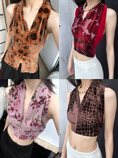 对襟款 复古辣妹挂脖吊带背心内搭 真丝底烂花丝绒限量绑带一片式