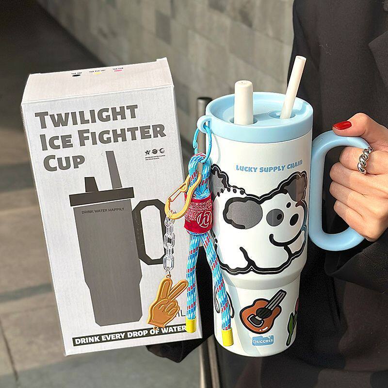 保温杯带把手学生便携304不锈钢喝水吸管杯大容量高颜值车载外出