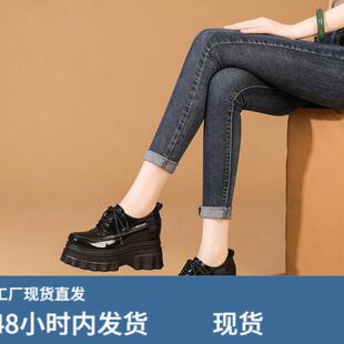 厚底松糕跟鞋内增高女单鞋真牛皮系带女士休闲皮鞋小个子高跟女鞋