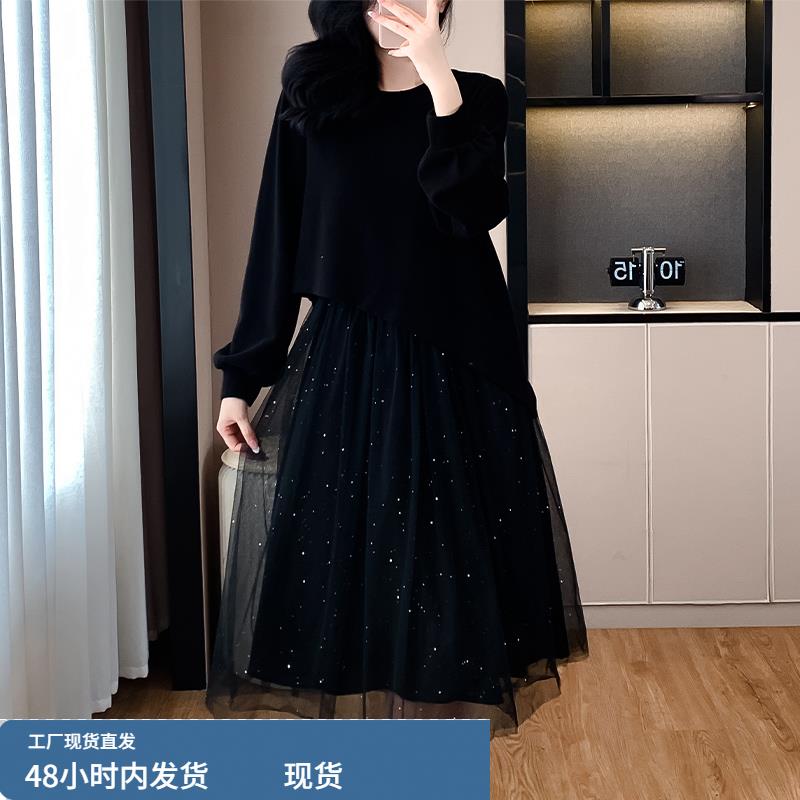 黑色网纱拼接假两件连衣裙女2026新款春秋季轻奢高级感气质小黑裙
