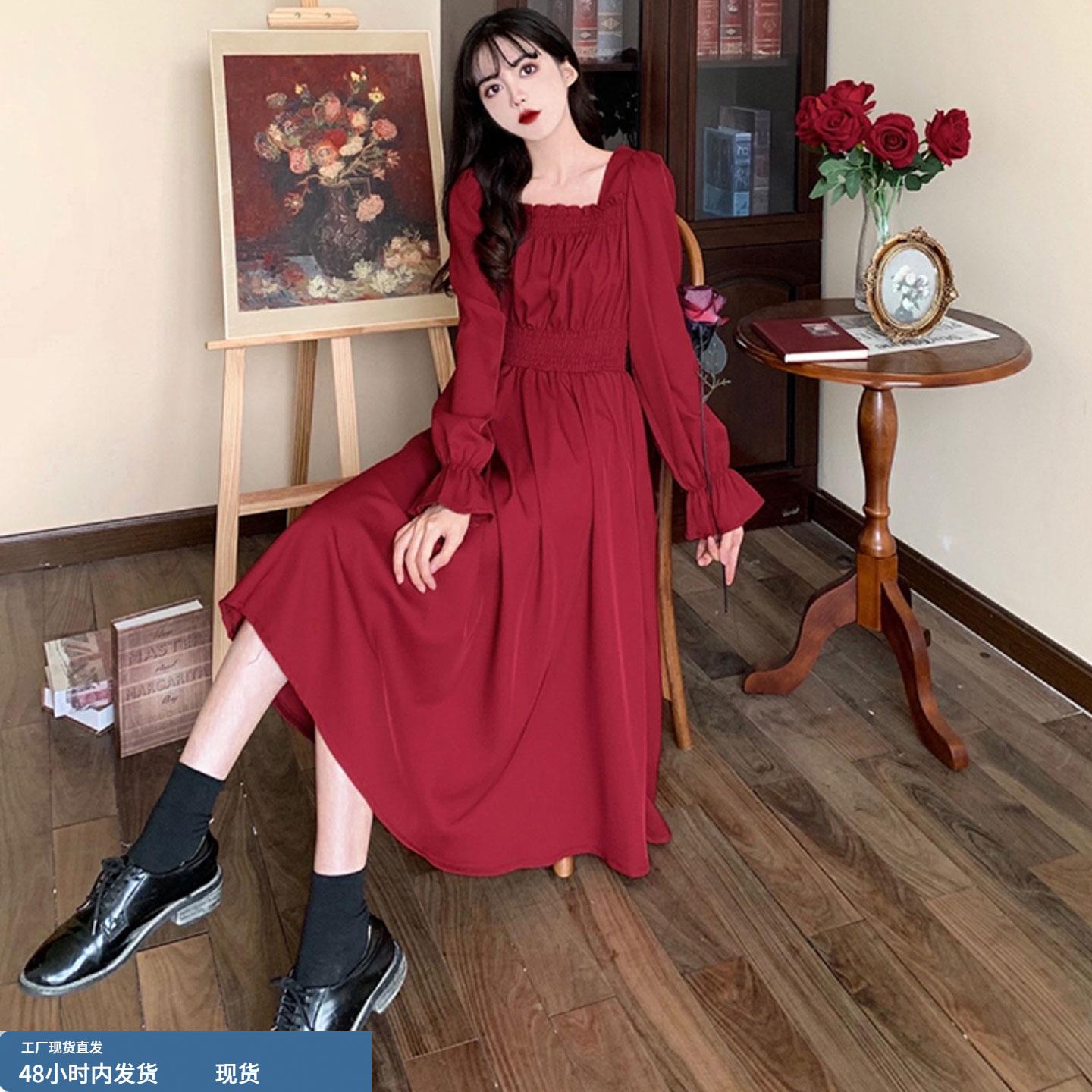 法式红色长袖连衣裙女2025秋季大码胖mm高级感气质订婚方领长裙子