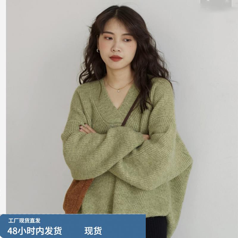 2025秋冬新款V领毛衣女日系慵懒复古宽松套头高级感软糯针织上衣