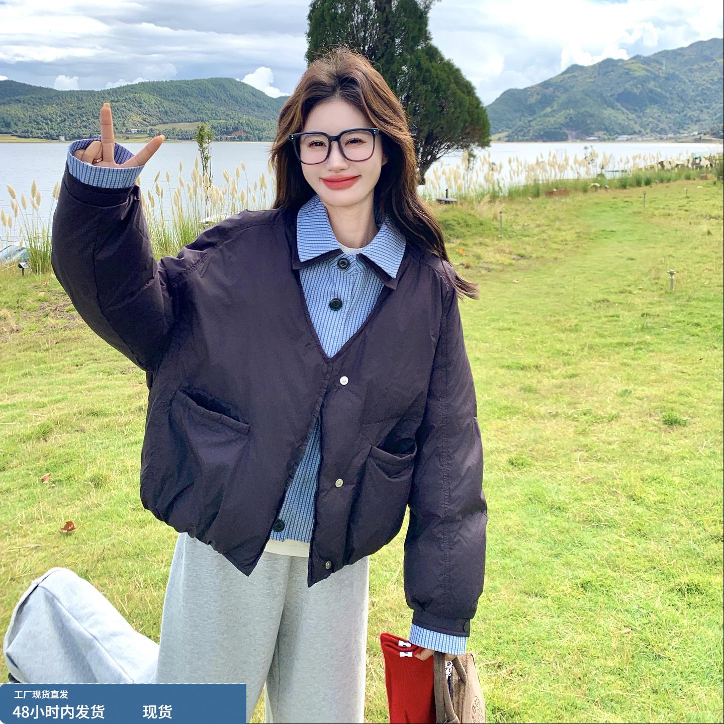 假两件格纹拼接加厚羽绒服女2025冬季新款韩版时尚保暖白鸭绒外套