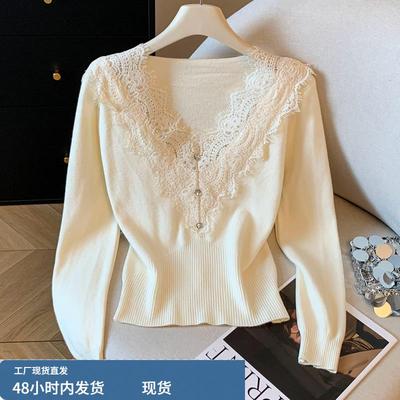 黑色打底衫女秋冬高级感内搭可外穿v领套头蕾丝时尚针织毛衣上衣