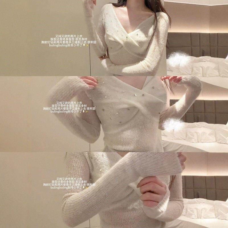白色纯欲交叉v领烫钻长袖针织衫女春秋绝美巨好看内搭打底衫上衣