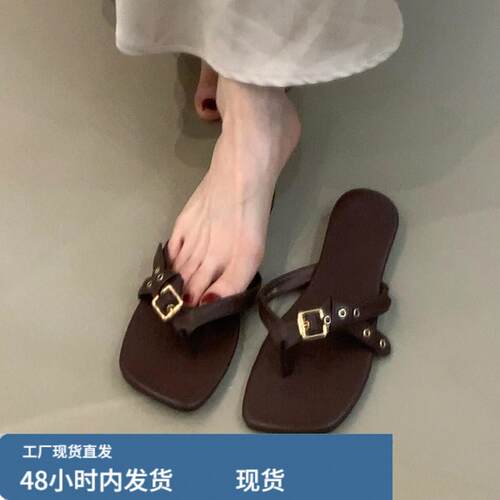 羊皮版~法式复古设计皮带扣人字拖女简约舒适真皮方头露趾平底鞋