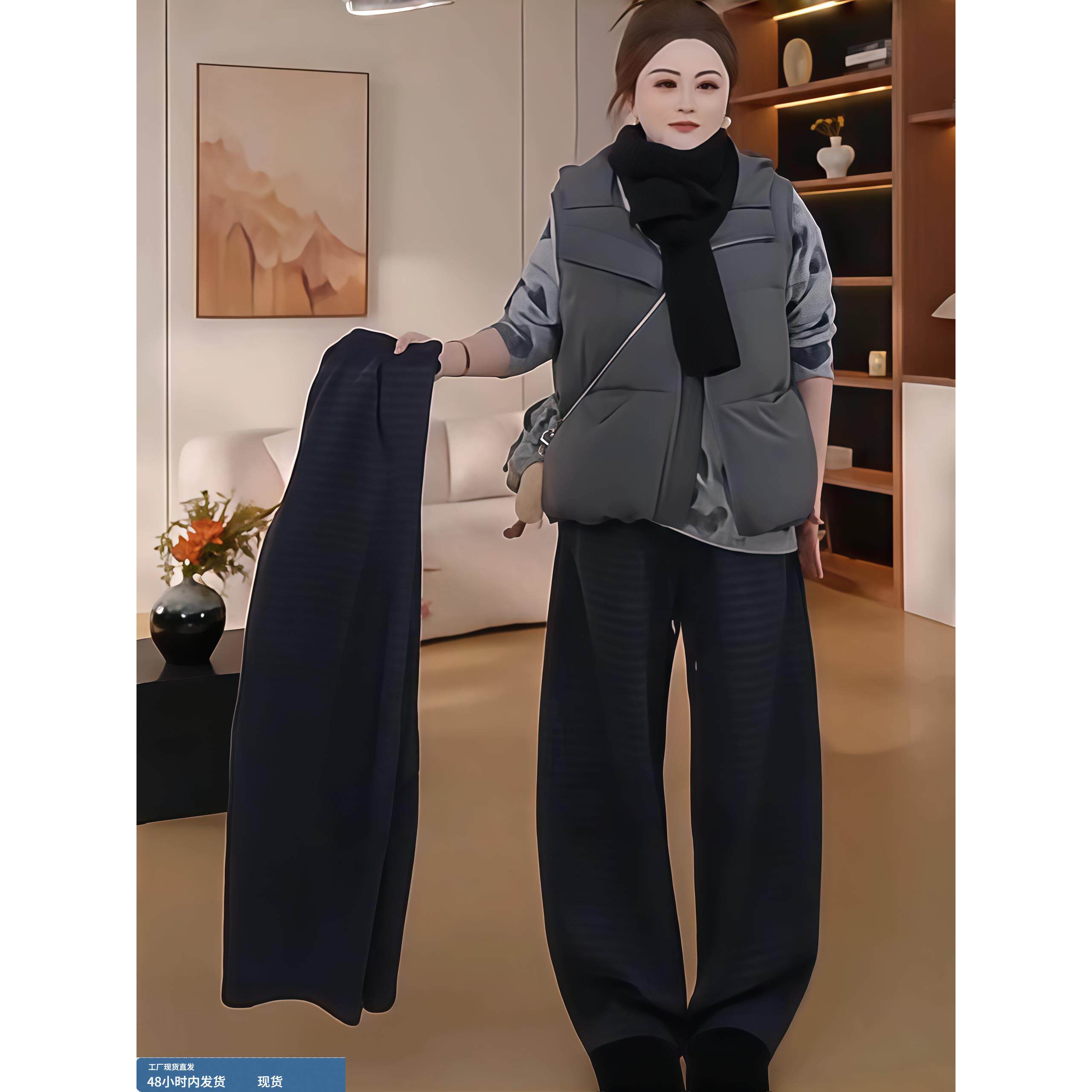 大码女装加绒加厚格子裤秋冬季微胖MM保暖宽松遮肉毛呢休闲阔腿裤