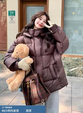 紫色连帽羽绒服女冬季中长款时尚保暖宽松加厚面包服白鸭绒厚外套