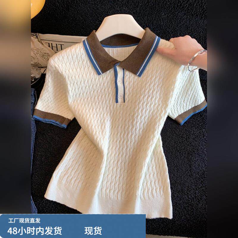 潮牌拼色polo领短袖t恤女士夏季新款独特麻花针织衫修身显瘦上衣