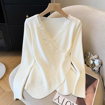 黑色打底衫女秋冬高级感内搭可外穿v领蕾丝百搭修身针织毛衣上衣