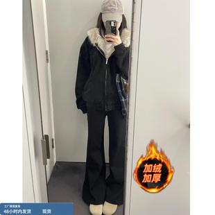 梨形报恩黑色微喇牛仔裤女秋冬季2025新款初中高中学生加绒阔腿裤