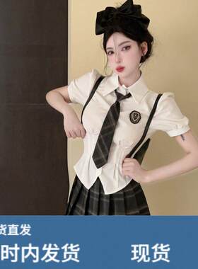 夏季英伦学院风套装收腰领带衬衫高腰格纹百褶半身裙JK制服两件套