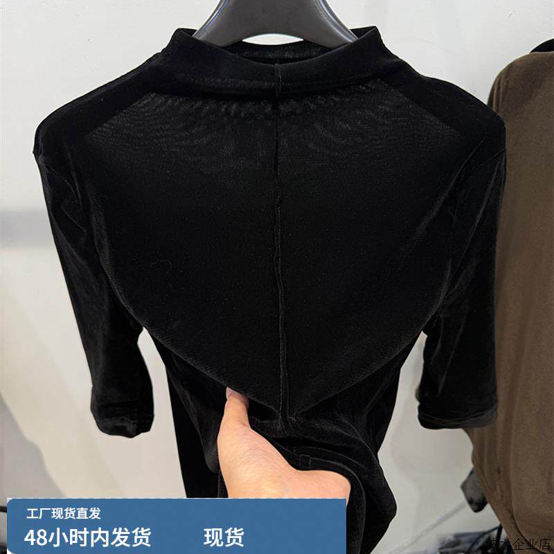 2025秋季新款韩版时尚百搭半高领丝绒短袖T恤女宽松显瘦打底上衣