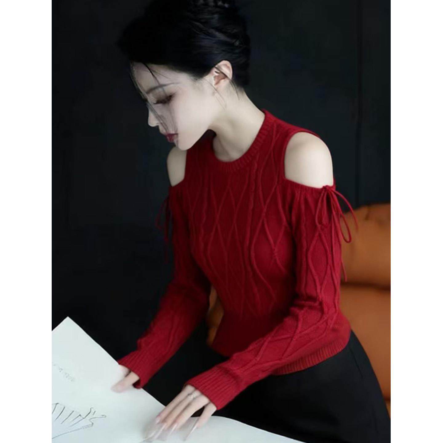 时尚优雅绝美红色圆领露肩长袖毛衣针织衫女秋冬款设计感显瘦上衣,模玩/动漫/周边/娃圈三坑/桌游,Cosplay女装/cos女装,淘宝优惠券,粉丝福利购,淘宝优惠卷