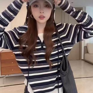 韩版连帽条纹假两件针织衫早秋女装2025新款秋季宽松短款针织上衣