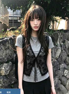 温柔灰色蕾丝马甲短袖T恤女2026夏季御姐轻熟绝美小上衣辣妹穿搭