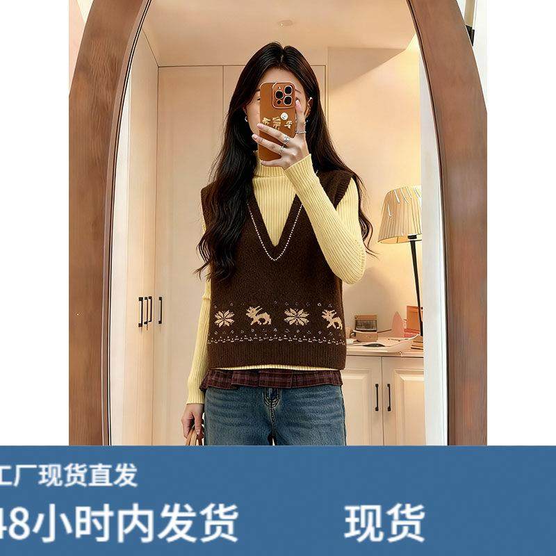 复古费尔岛提花V领针织马甲女秋冬叠穿背心毛衣坎肩无袖打底上衣,模玩/动漫/周边/娃圈三坑/桌游,Cosplay女装/cos女装,淘宝优惠券,粉丝福利购,淘宝优惠卷