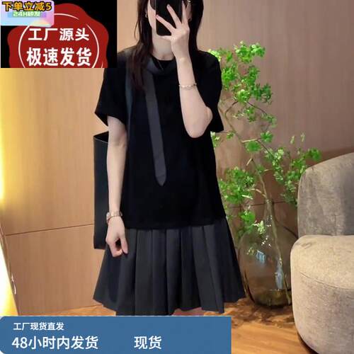 夏季新款时尚韩版设计感拼接飘带短袖连衣裙显瘦小众不撞款短裙