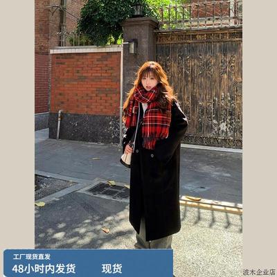 黑色毛呢外套女中长款2024新款冬季高级感加厚小个子羊绒呢子大衣