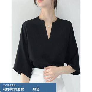 黑色v领雪纺衬衫女士夏季欧货短袖衬衣胖mm遮肚薄款半袖职业上衣