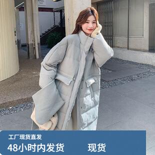 韩系chic针织连帽蓝色羽绒服女冬超火好看高级小众中长款加厚外套