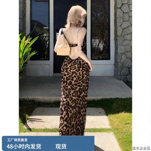 大码300斤胖妹妹欧美复古豹纹吊带连衣裙女夏季海边度假美背长裙2