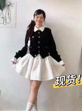 h2an1 studio丨撞色拼接假两件针织开衫毛衣外套木耳边百褶裙套装