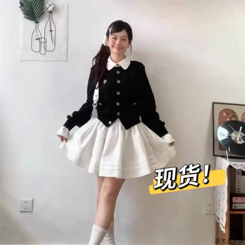 h2an1 studio丨撞色拼接假两件针织开衫毛衣外套木耳边百褶裙套装