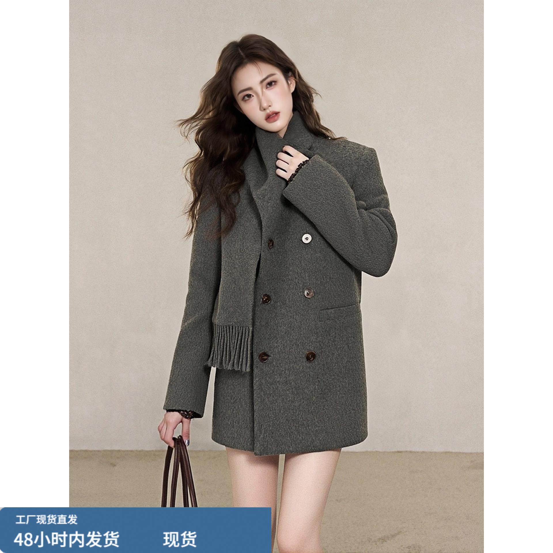 韩系氛围感围巾领双排扣中长款毛呢外套女2025冬季新款高级感大衣,运动/瑜伽/健身/球迷用品,广场舞套装,淘宝优惠券,粉丝福利购,淘宝优惠卷